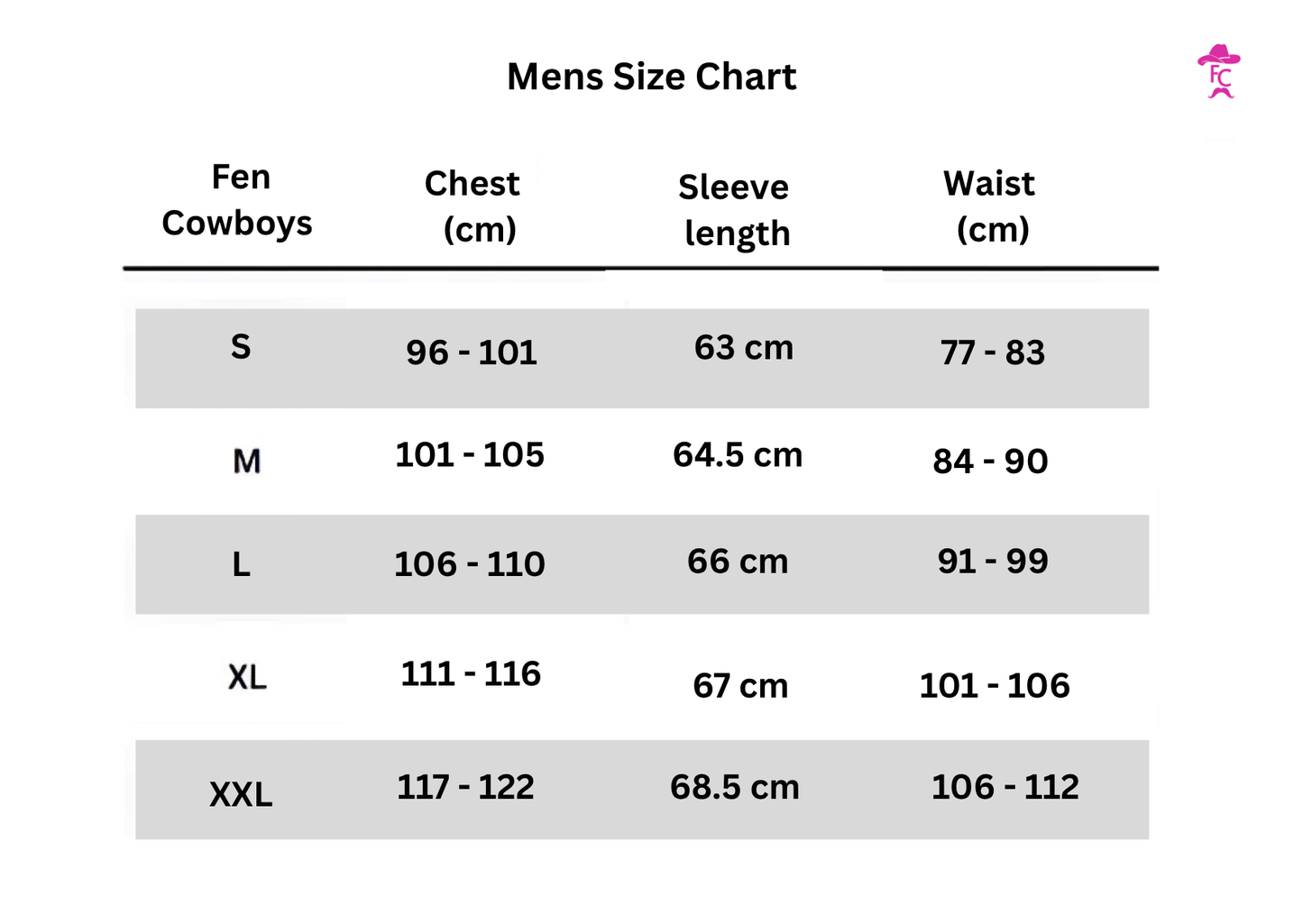 Mens size chart for Fen Cowboys clothing with measurements in centimeters.