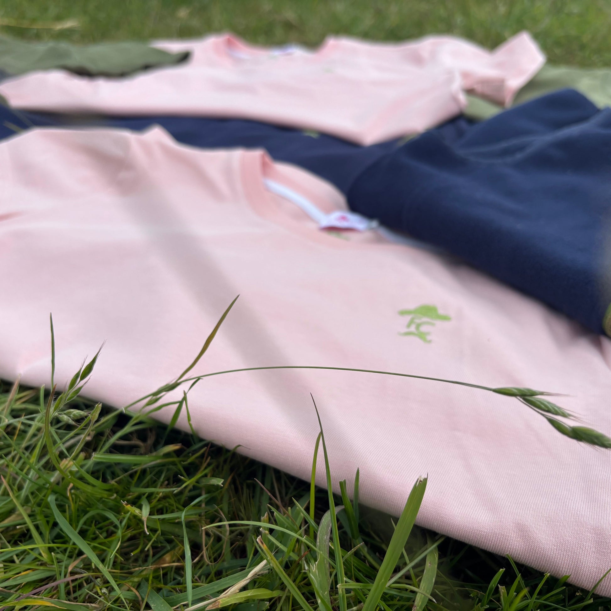 Pink and blue clothing items on grass