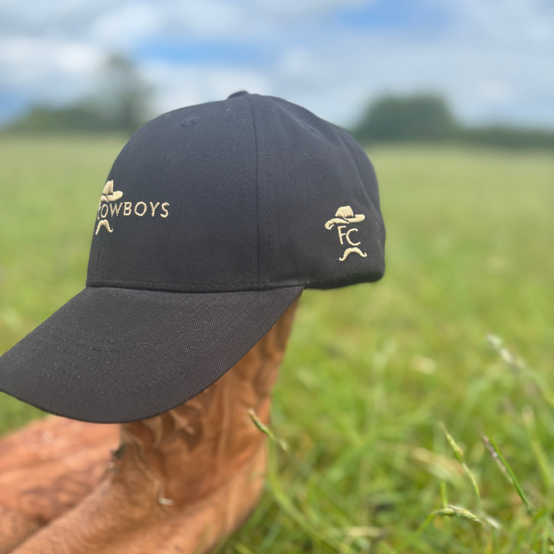 Black cap with logo on a grassy field
