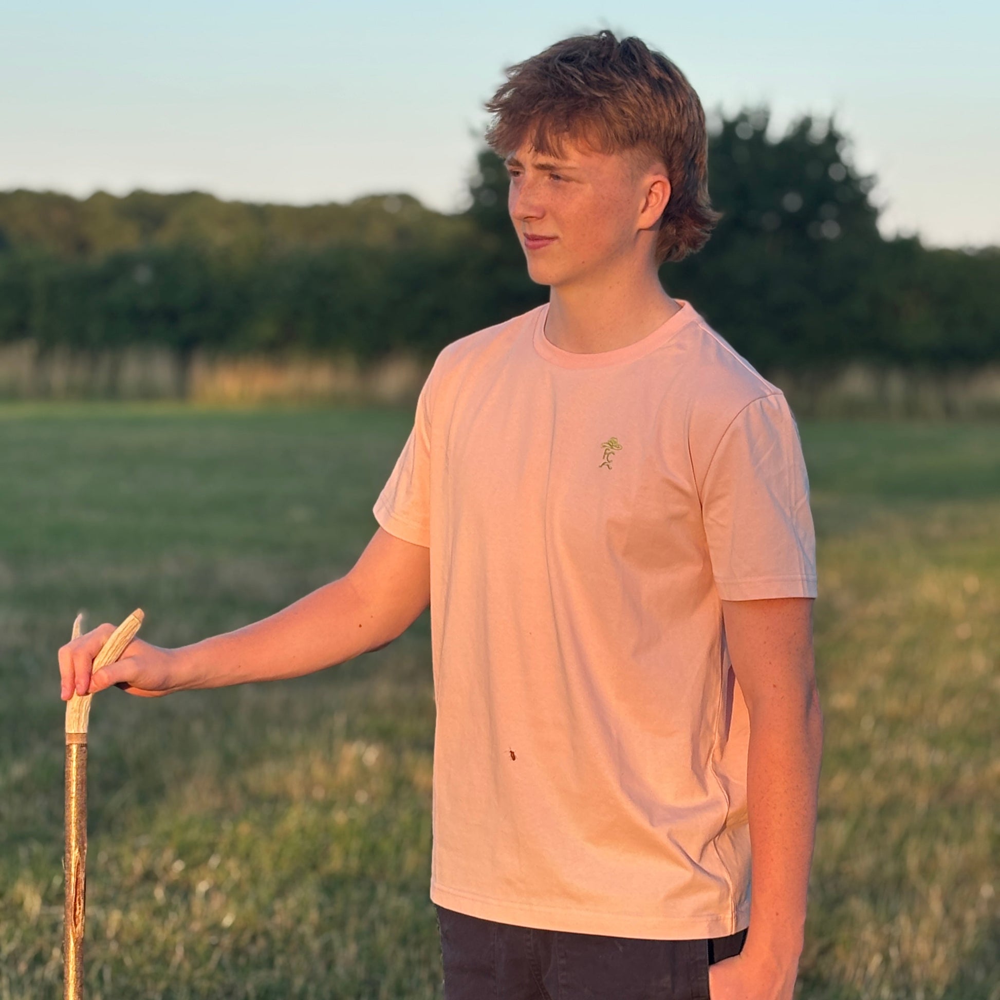 Person standing in a field holding a walking stick